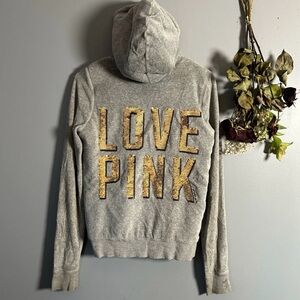 LOVE PINK VELOUR SEQUIN ZIP UP WITH FUR HOOD